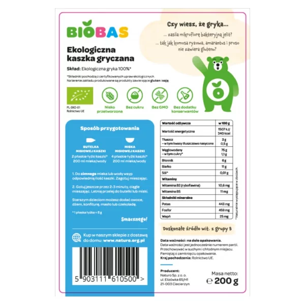 Kaszka gryczana dla dzieci Biobas, 100 % zboża ekologicznego, 200 g