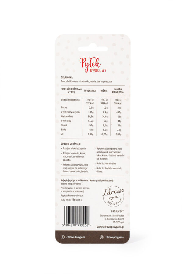 Liofilizowane owoce w proszku, Zdrowo Posypane, 3 saszetki, 15 g, mix 100 % owoców truskawka, wiśnia, czarna porzeczka