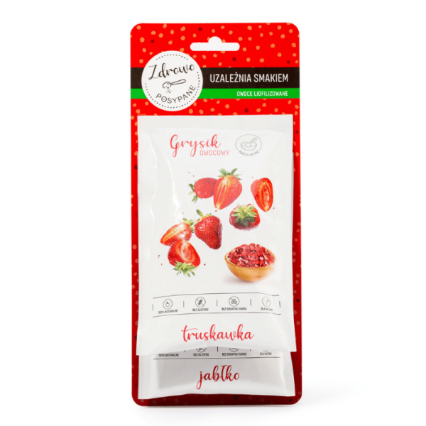 zdrowo posypane, owoce liofilizowane truskawka, jabłko w grysiku